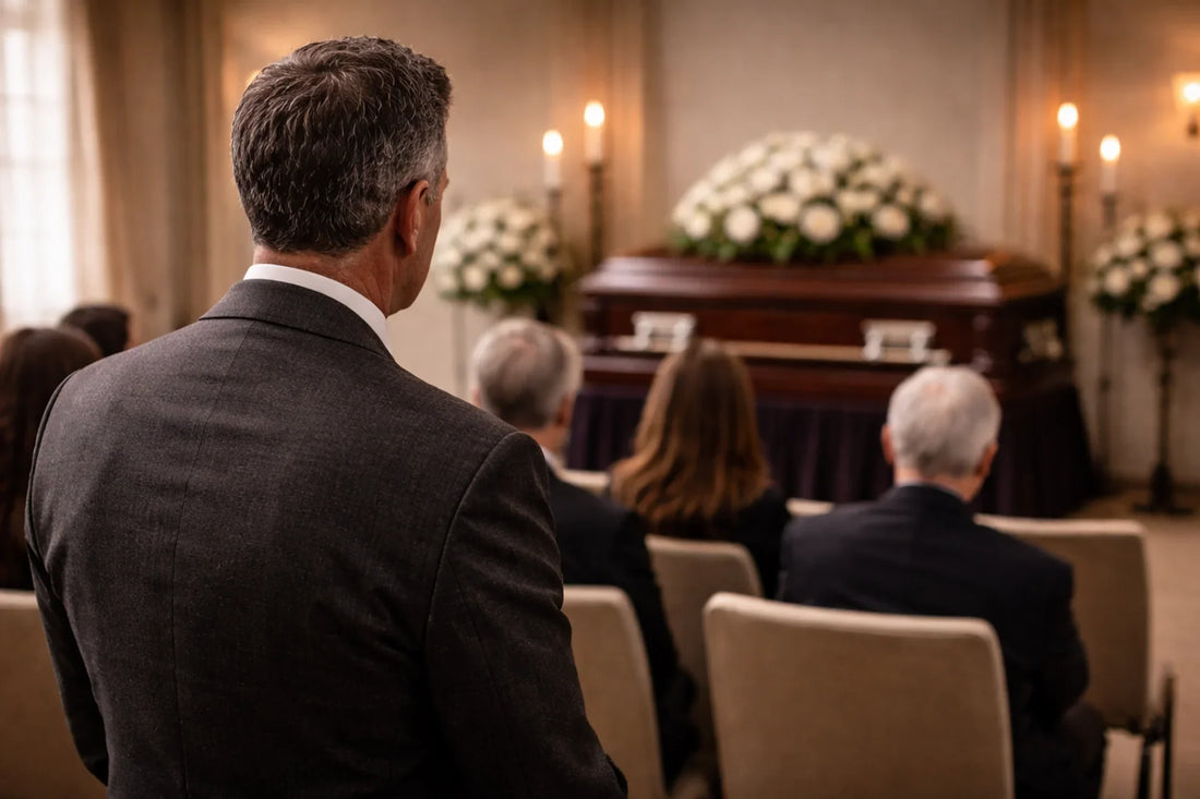 a man in a suit at a funeral looks at a dark wooden casket with a beautiful display of white flowers