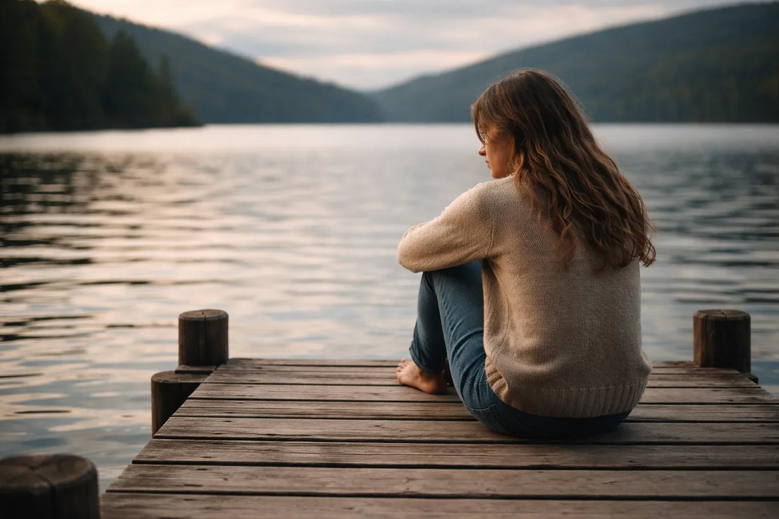 A person in a sweater sits curled up on a wooden dock, looking out over a calm lake surrounded by forested hills.