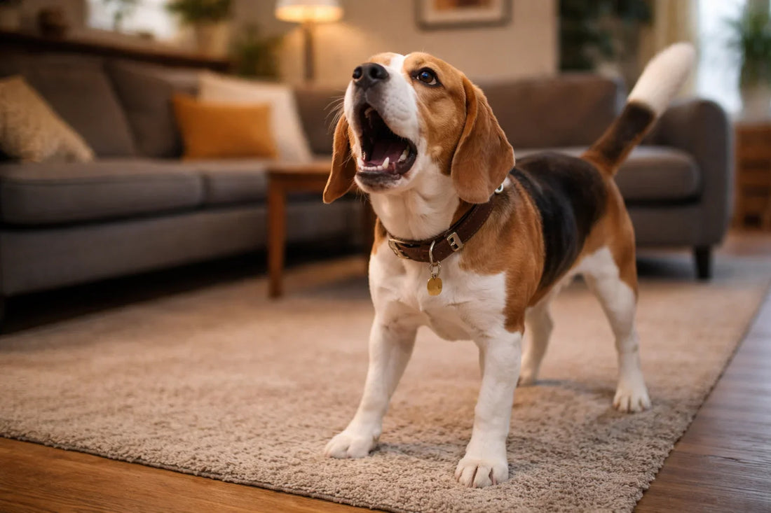 A beagle stands on a carpet in a living room, mouth open mid-bark, with a couch and lamp in the background.