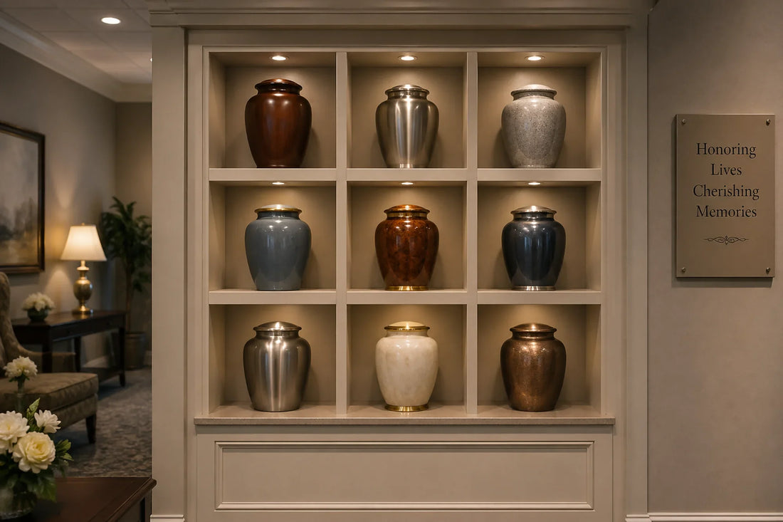 A display wall in a funeral home showing nine decorative cremation urns in individual cubbies, softly lit, with a nearby sign that reads “Honoring Lives Cherishing Memories.”