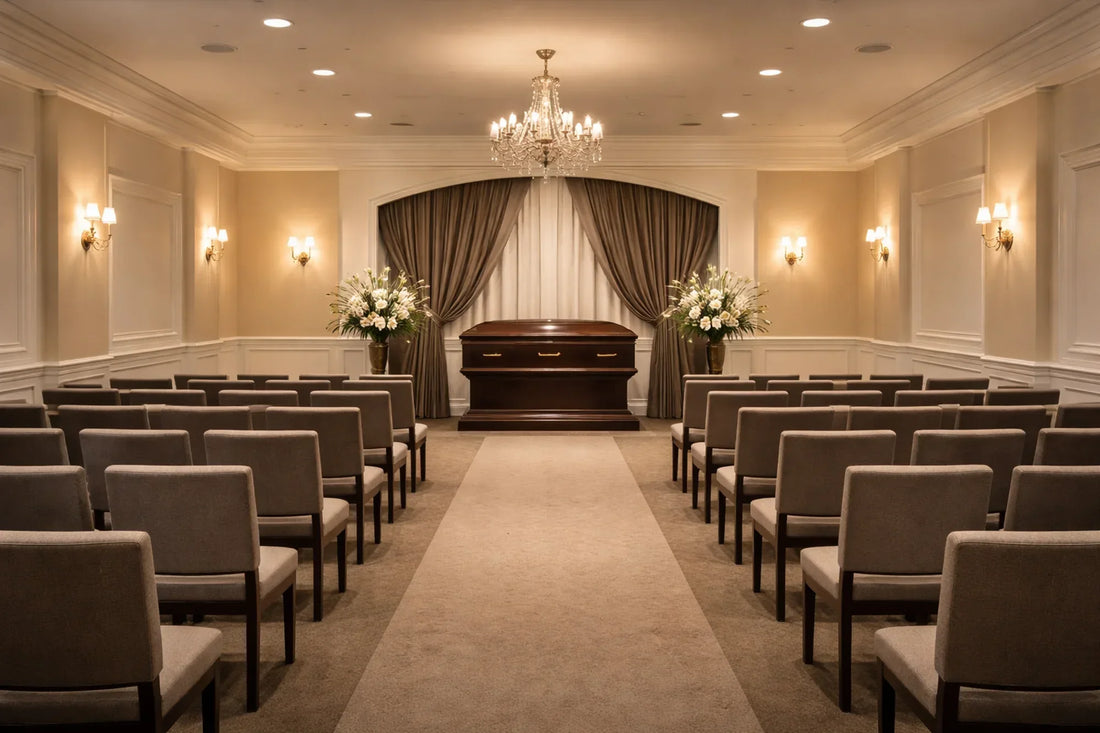a funeral home is shown empty with a wooden casket in the front