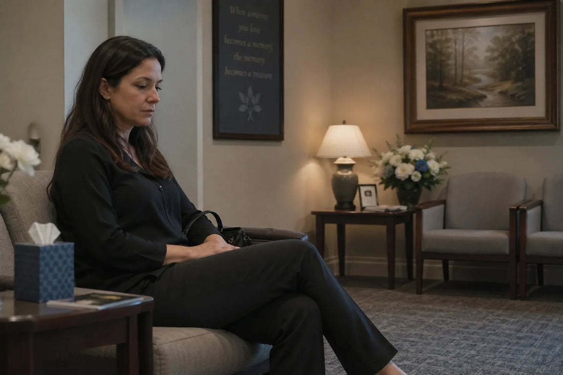 A woman dressed in black sitting solemnly in a funeral home waiting room, appearing reflective and grieving, with soft lighting and neutral decor.