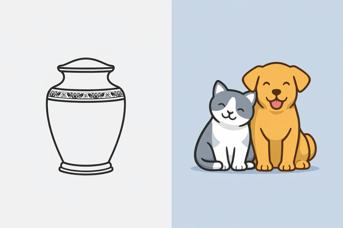 an infographic style image showing an urn on the left hand side and a dog and cat on the right