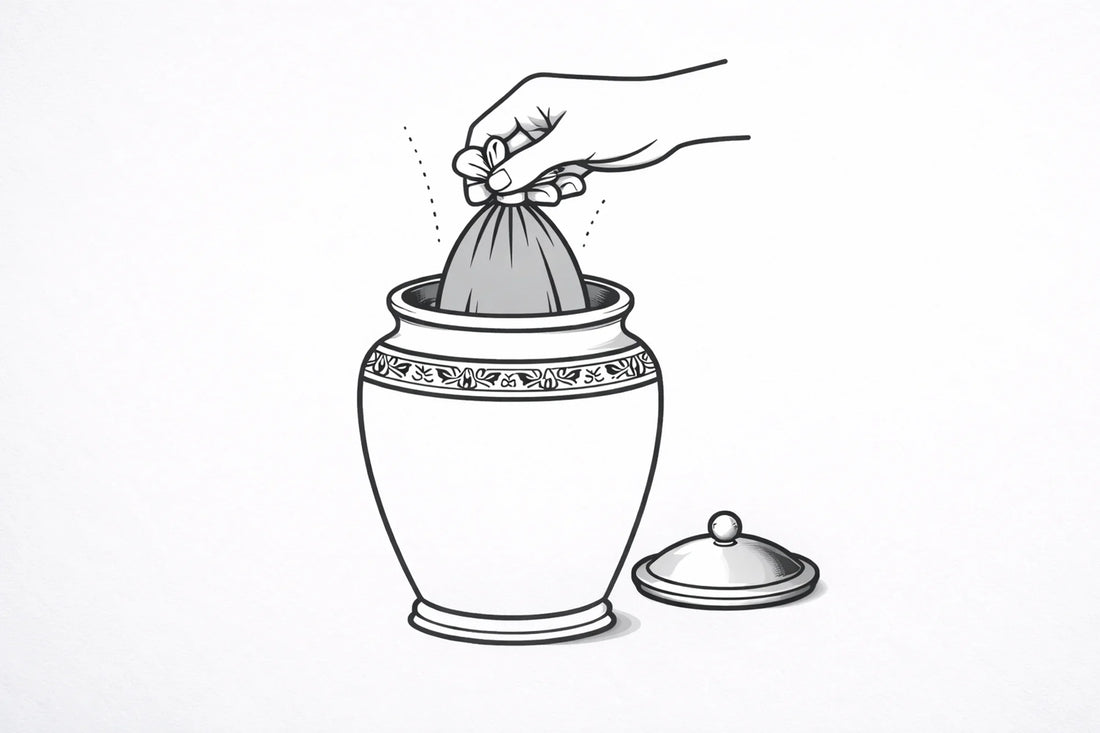 an infographic style image that shows a hand placing ashes into an urn