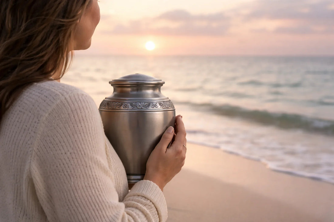 a woman holds an urn at a beach during sun rise