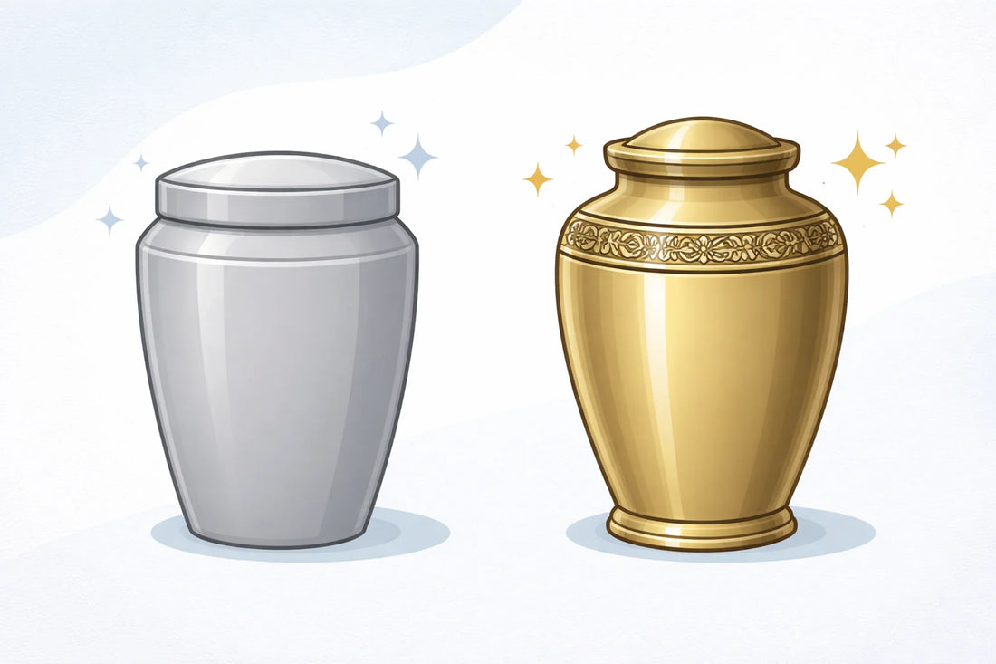 an inforgraphic style image of a simple urn on the left and a bronze urn on the right