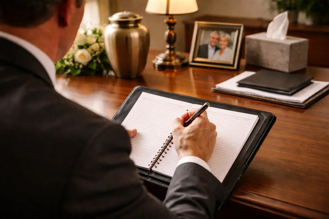 a man in a suit begins to write on a blank notepad. There is a picture of a man and woman and an urn sitting on his desk, among other items.
