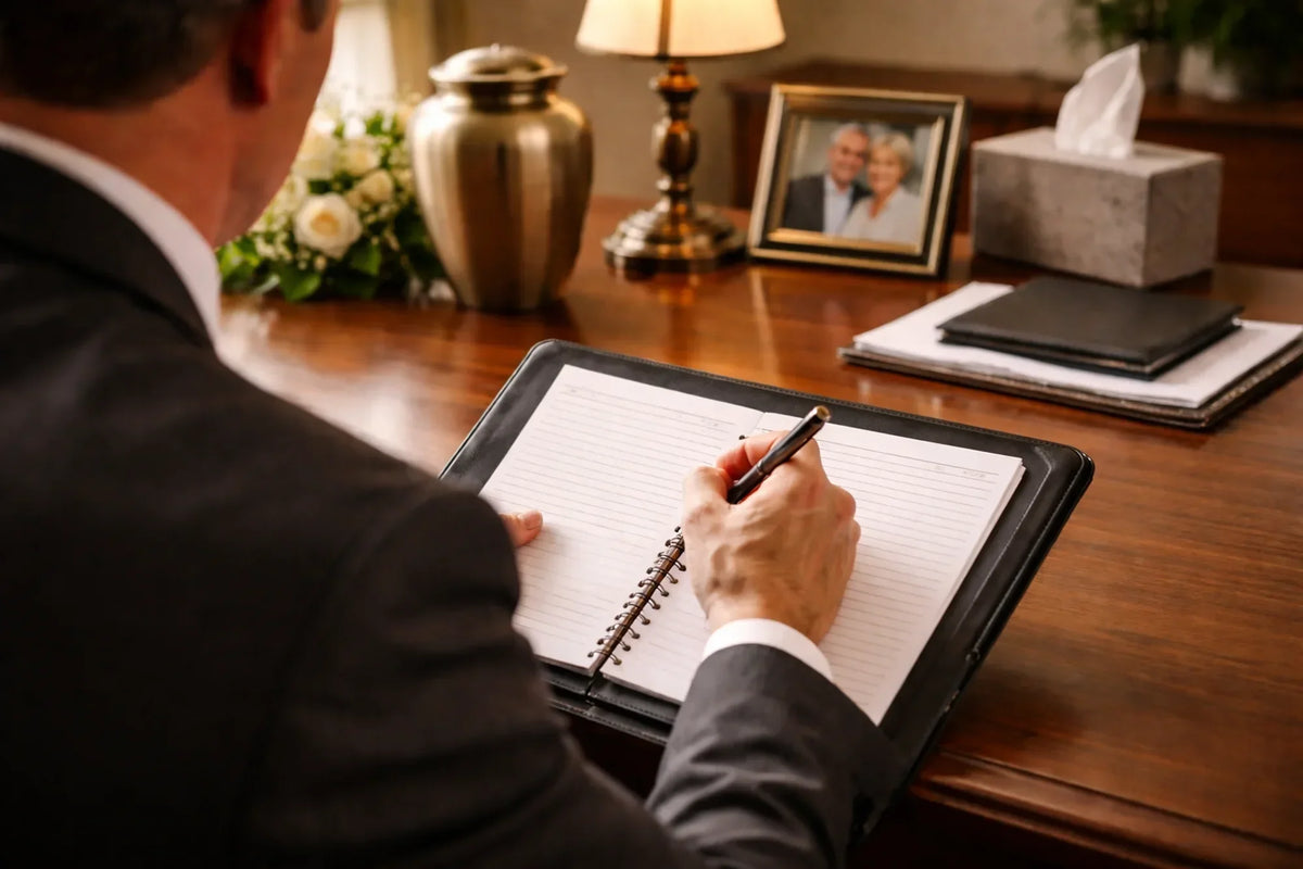 a man in a suit begins to write on a blank notepad. There is a picture of a man and woman and an urn sitting on his desk, among other items.