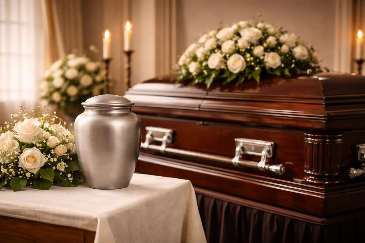 a silver urn sits next to a dark wooden casket