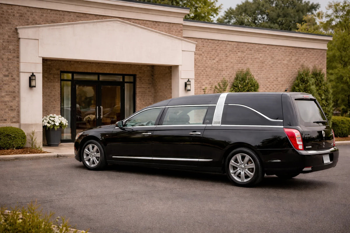 a black hearse sits in front of a crematory