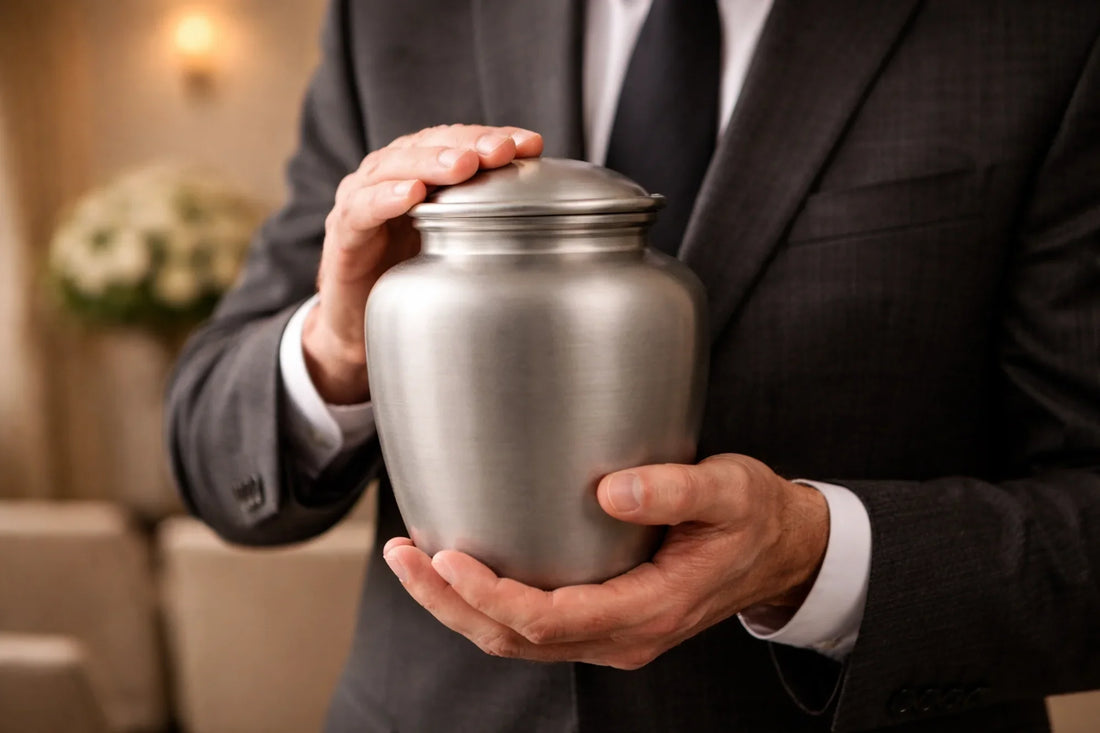 a man in a suit holds a silver urn 