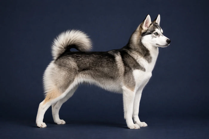 Alaskan Klee Kai side profile shot against a navy background