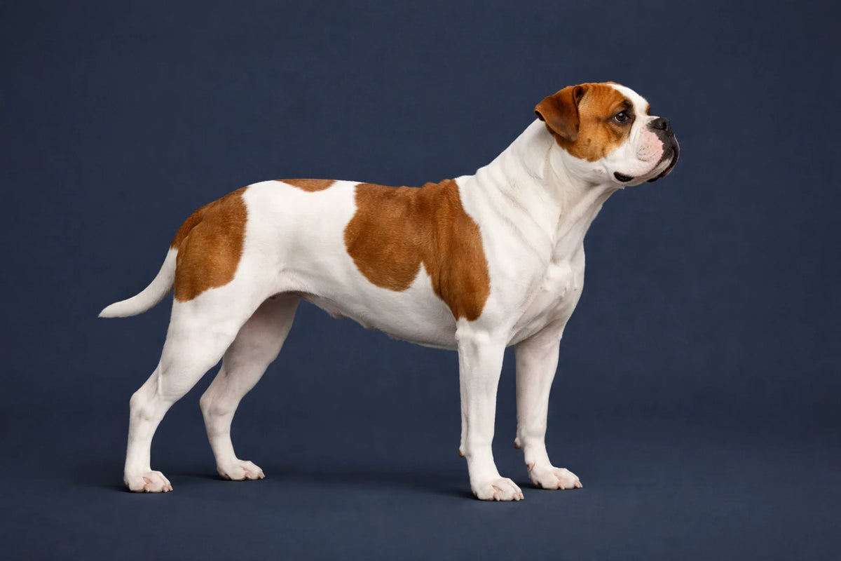 American Bulldog side profile shot against a navy background