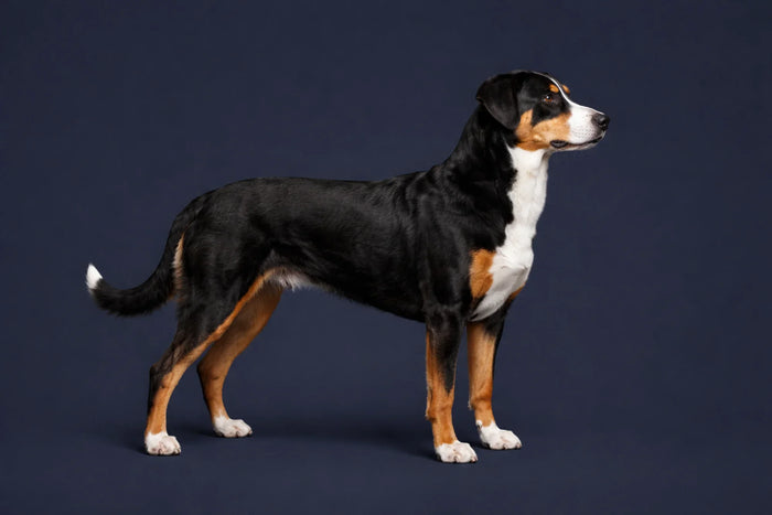Appenzeller Sennenhund side profile shot against a navy background