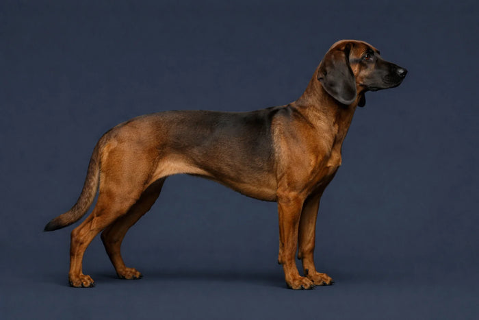 Bavarian Mountain Scent Hound side profile shot against a navy background