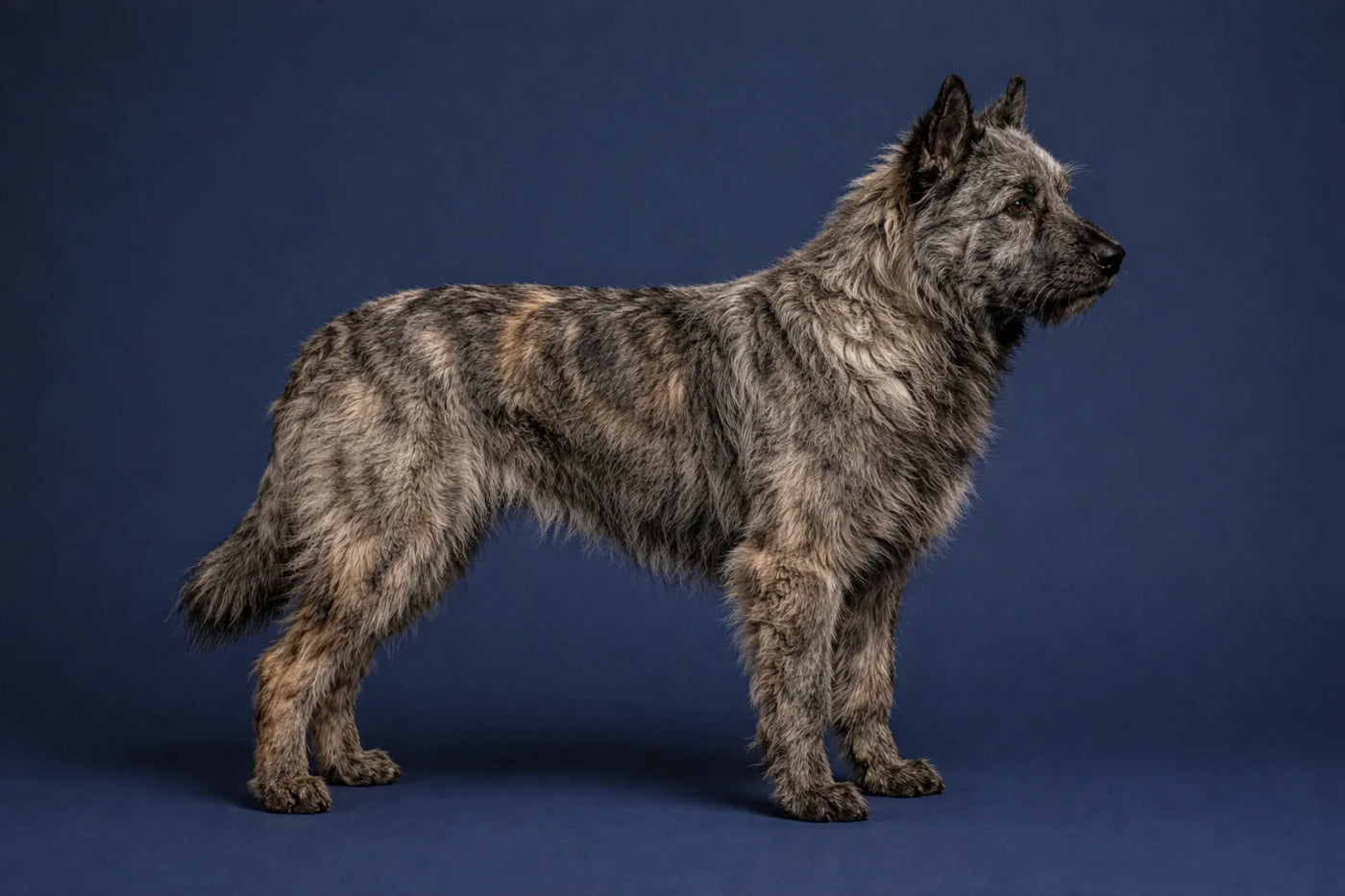 Bouvier des Ardennes side profile shot against a navy background