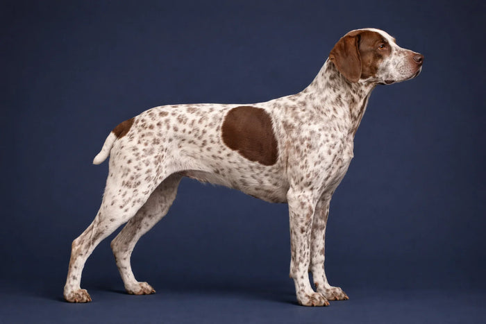 Braque du Bourbonnais side profile shot against a navy background