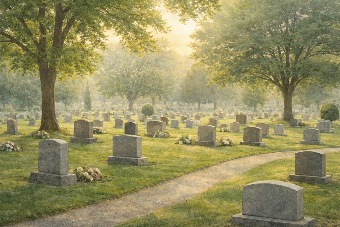 a hand painted image of a cemetery on a summer day