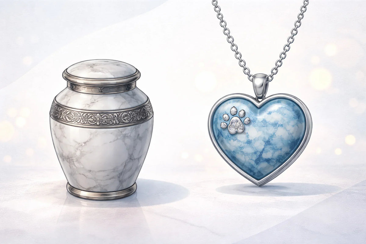 drawing of a keepsake urn on the left and cremation jewlery on the right