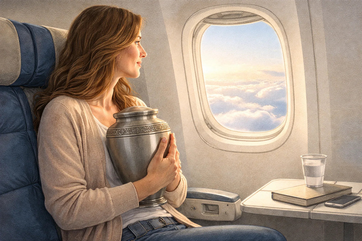 drawing of a woman holding an urn on a plane looking out the window