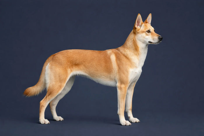 Carolina Dog side profile shot against a navy background