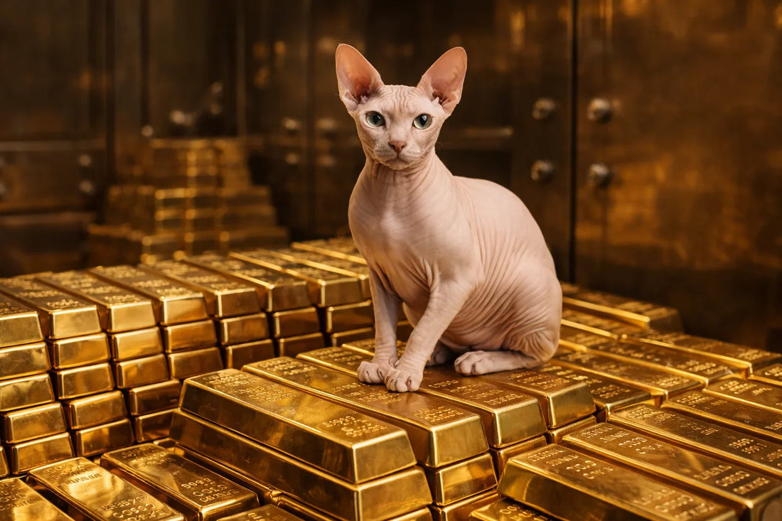 A hairless Sphynx cat sits atop neatly stacked gold bars in a vault-like setting with warm lighting.