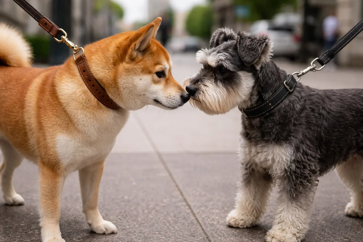 A Shiba Inu and a small schnauzer face each other closely on a sidewalk, touching noses while on leashes.