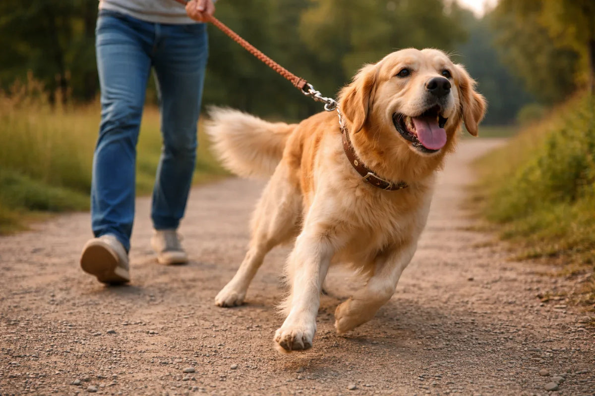 A happy golden retriever walks on a leash along a dirt path, tongue out, with a person partially visible behind.