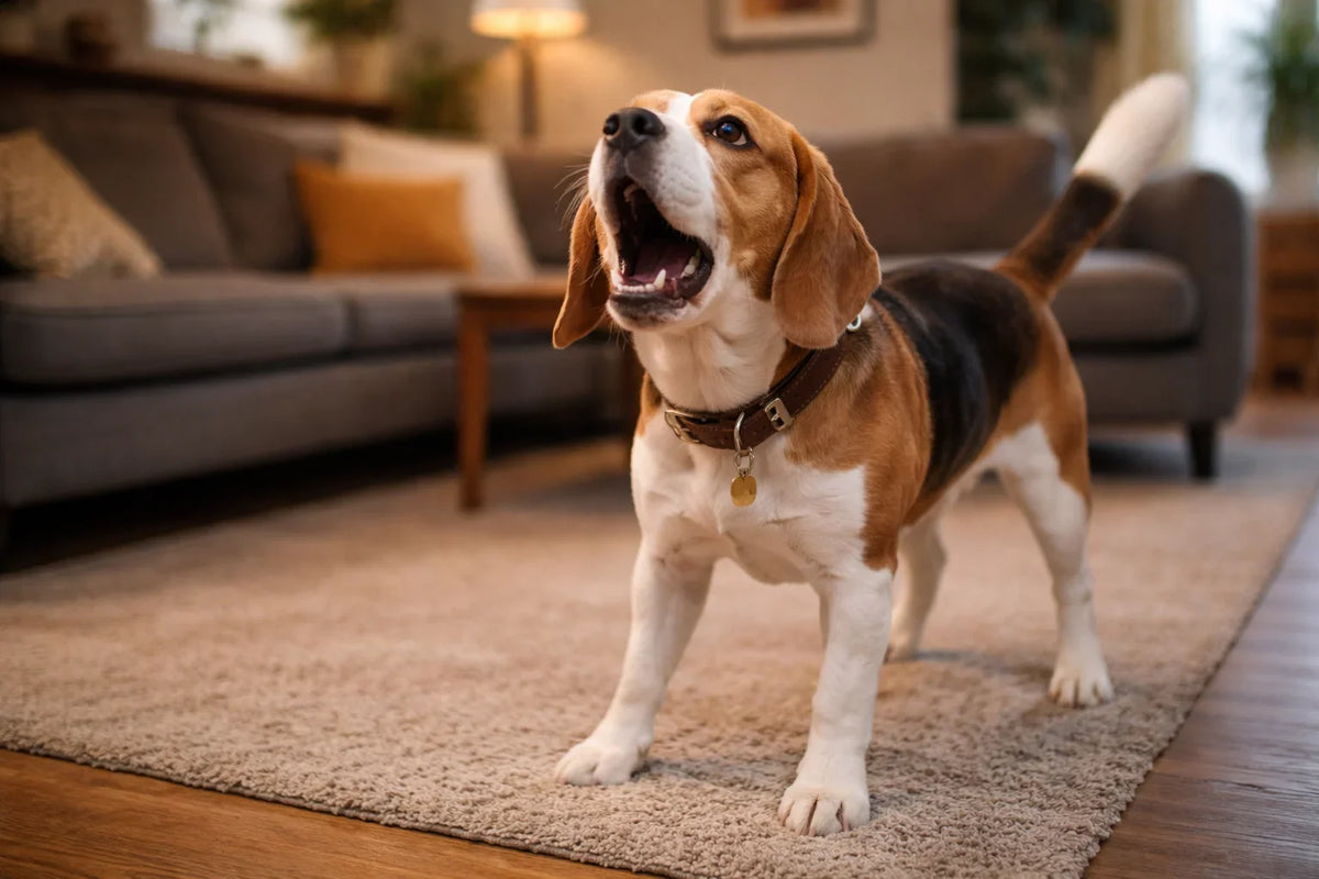 A beagle stands on a carpet in a living room, mouth open mid-bark, with a couch and lamp in the background.