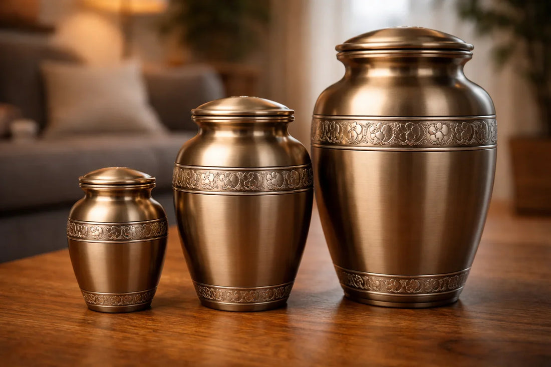 Three metallic urns of different sizes are arranged on a wooden table, each with a smooth finish and decorative band.