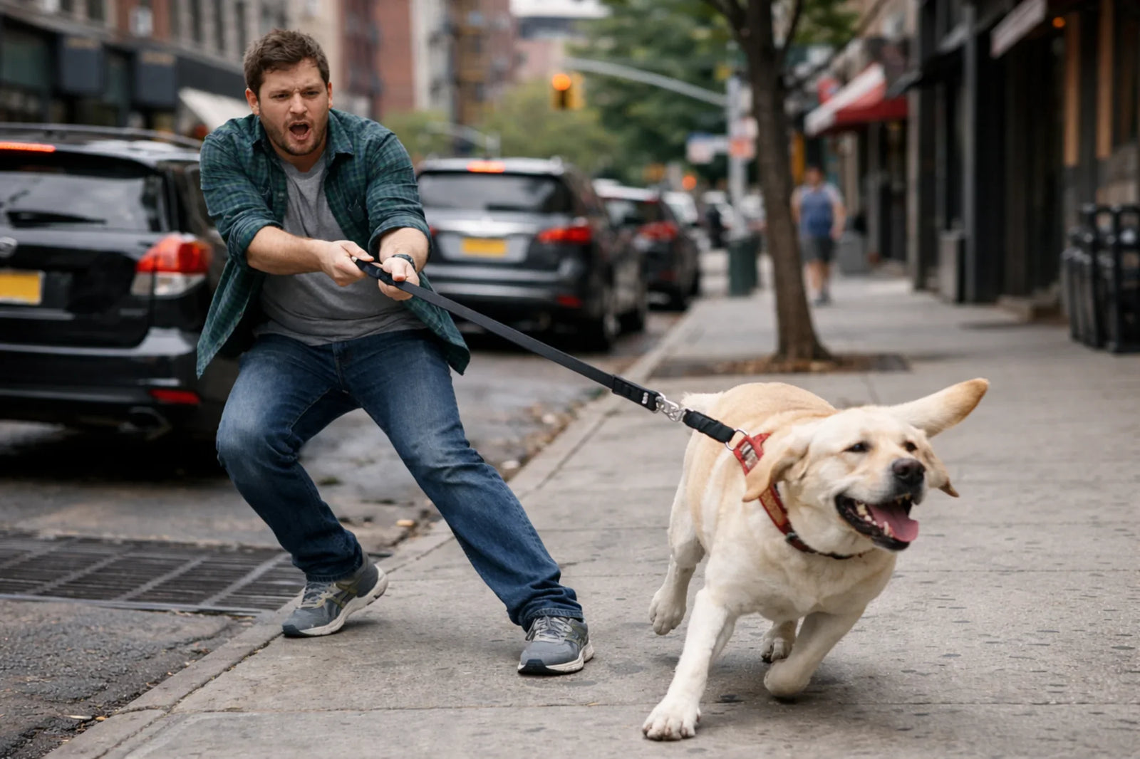 a man struggles while walking his lab in a city