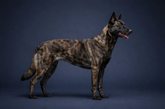 Dutch Shepherd side profile shot against a navy background