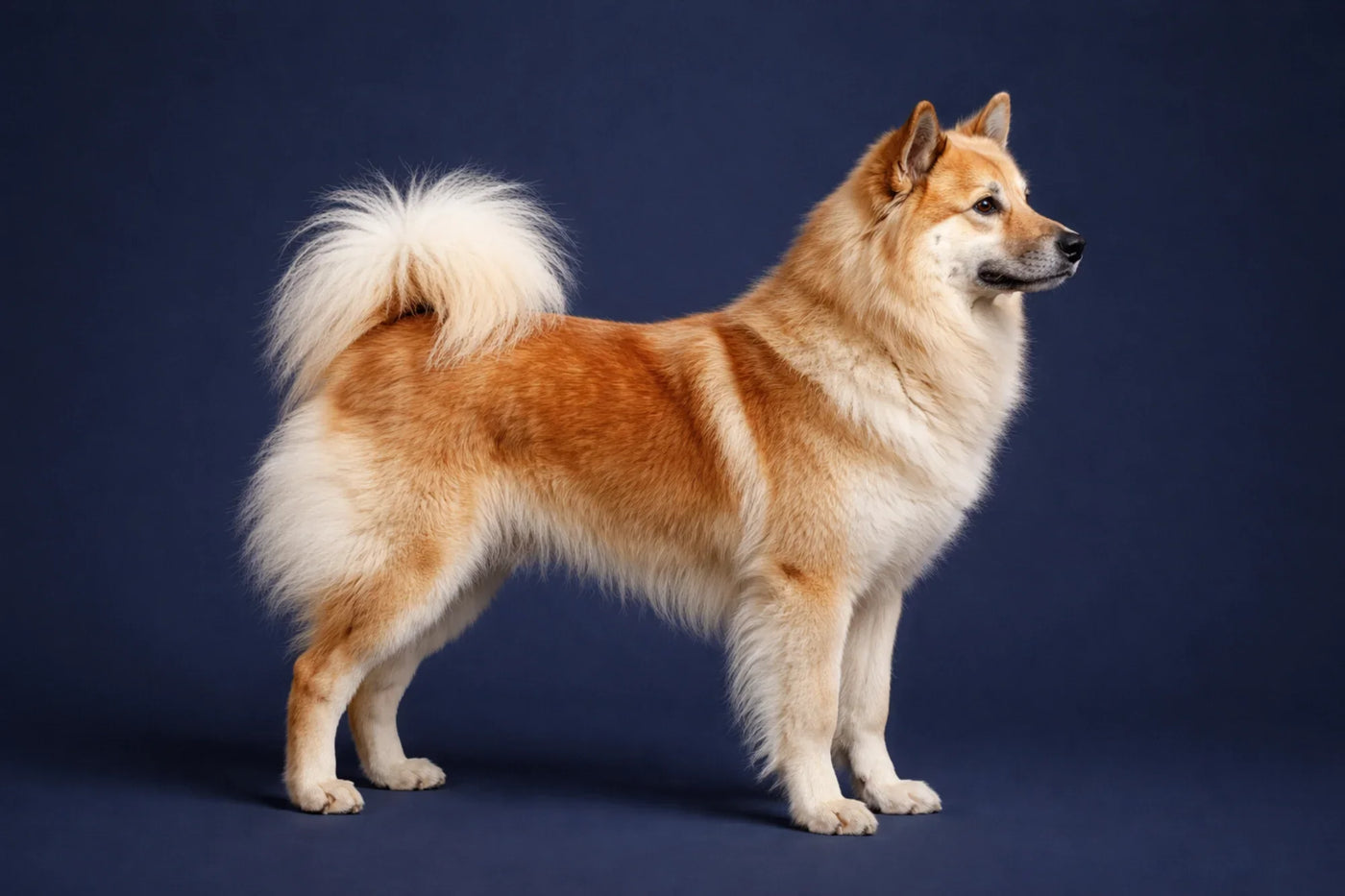Eurasier side profile shot against a navy background