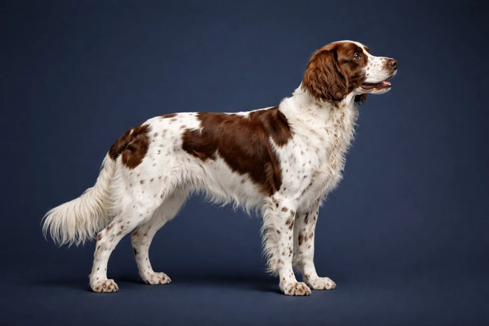 French Spaniel side profile shot against a navy background