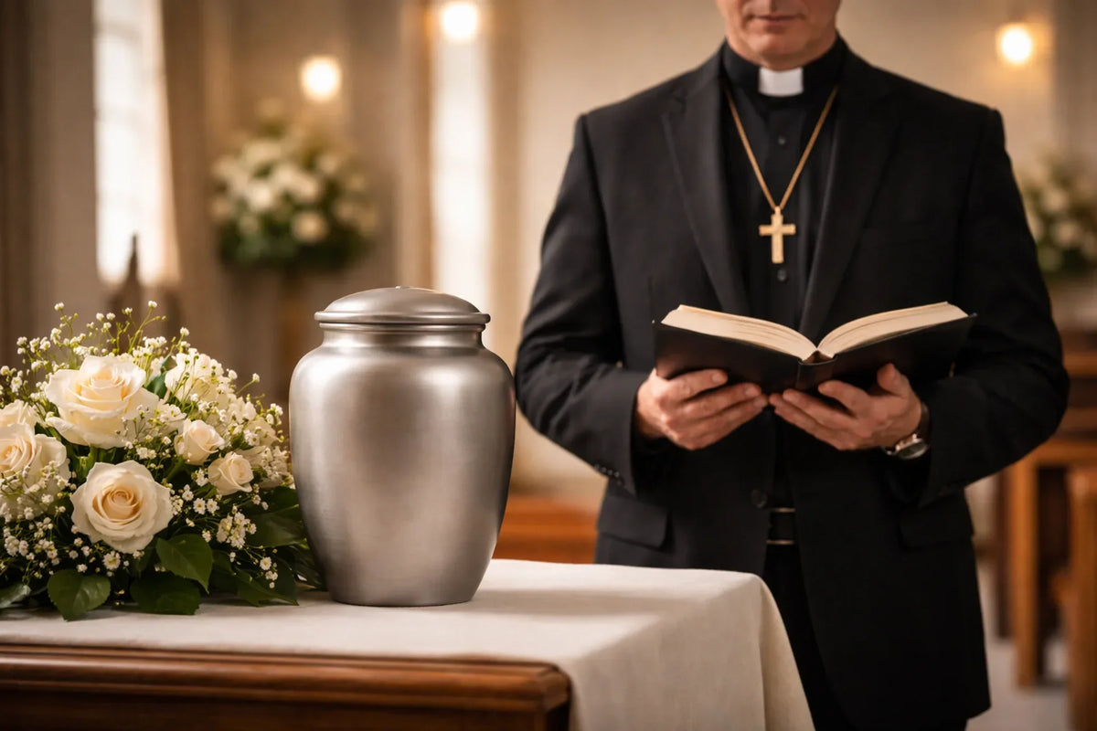 a silver urn sits on a pedestal during a service with a catholic priest behind the urn