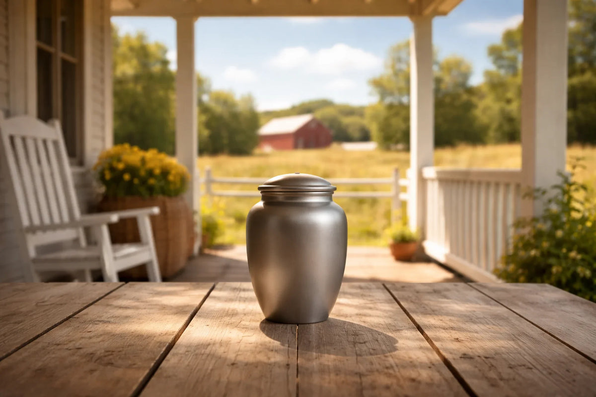 a silver scattering urn sits on a porch of a farmhouse