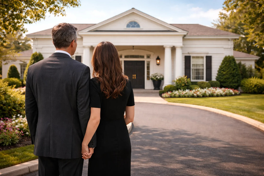 a couple dressed in formal attire look towards a funeral home with white siding on a sunny day