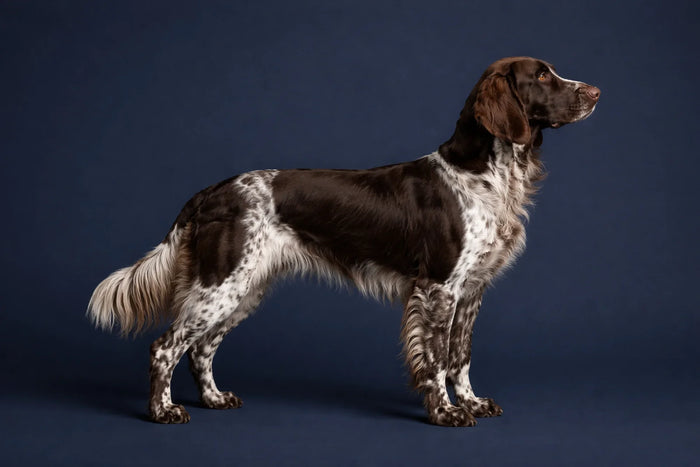German Longhaired Pointer side profile shot against a navy background