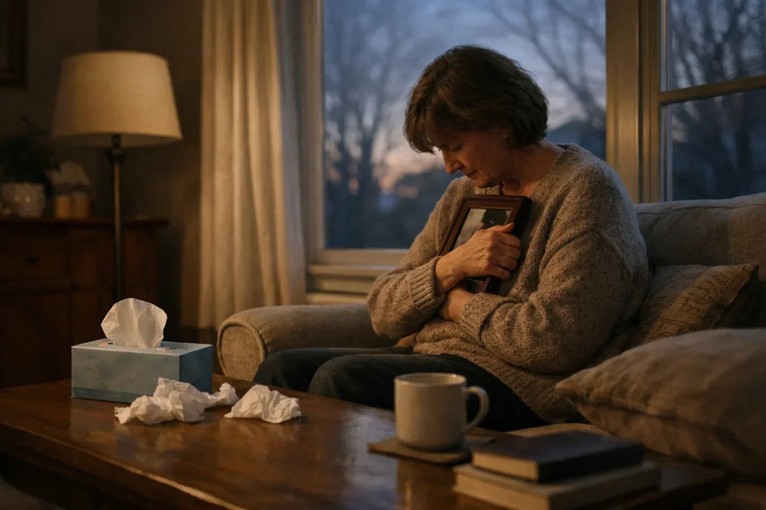 a woman clutches the photo of her loved one who passed