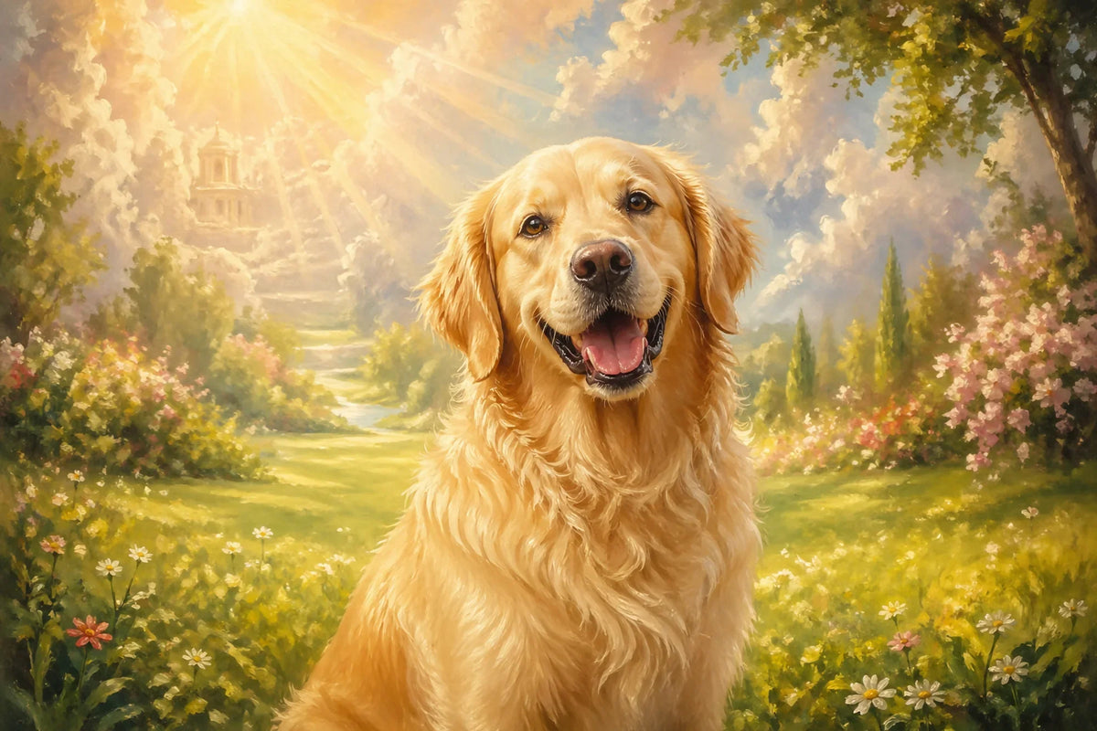 A golden retriever smiling in a bright, peaceful meadow filled with flowers, with sunlight streaming through clouds in a serene, heaven-like setting.