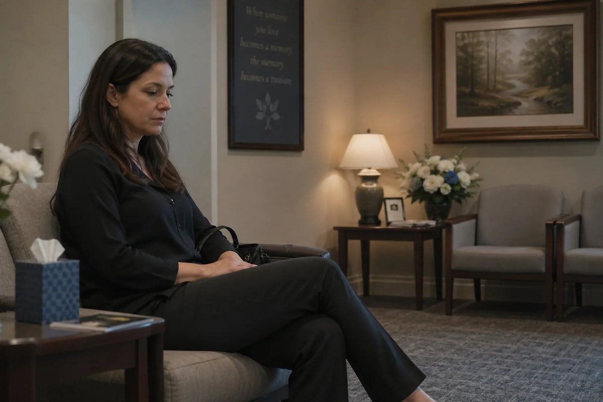 A woman dressed in black sitting solemnly in a funeral home waiting room, appearing reflective and grieving, with soft lighting and neutral decor.