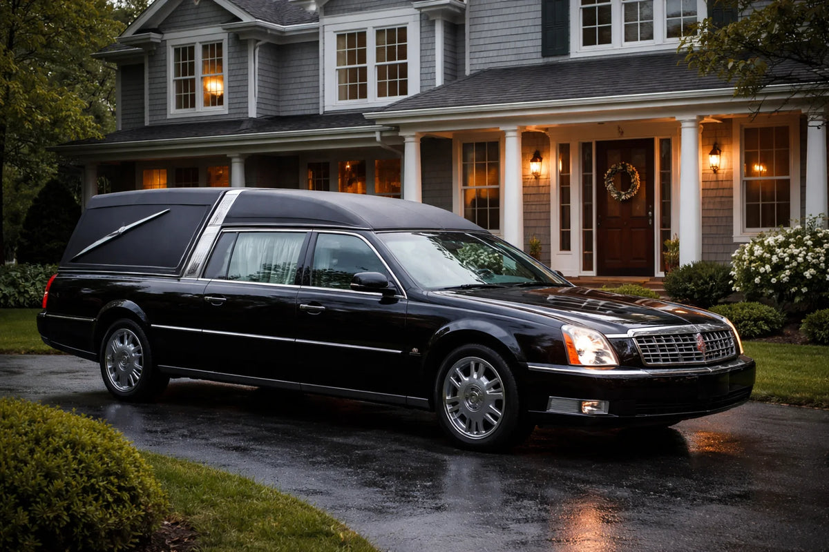 a black hearse sits outside of a home on a rainy day