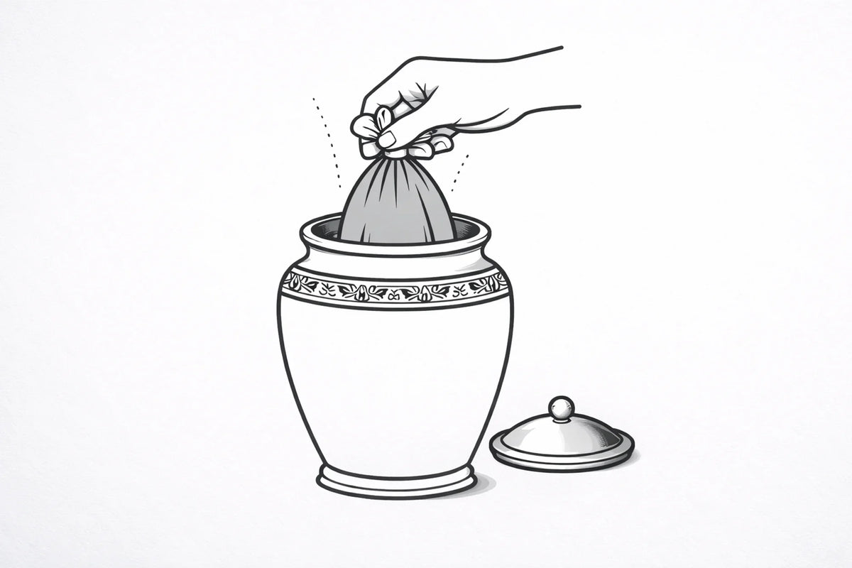 an infographic style image that shows a hand placing ashes into an urn
