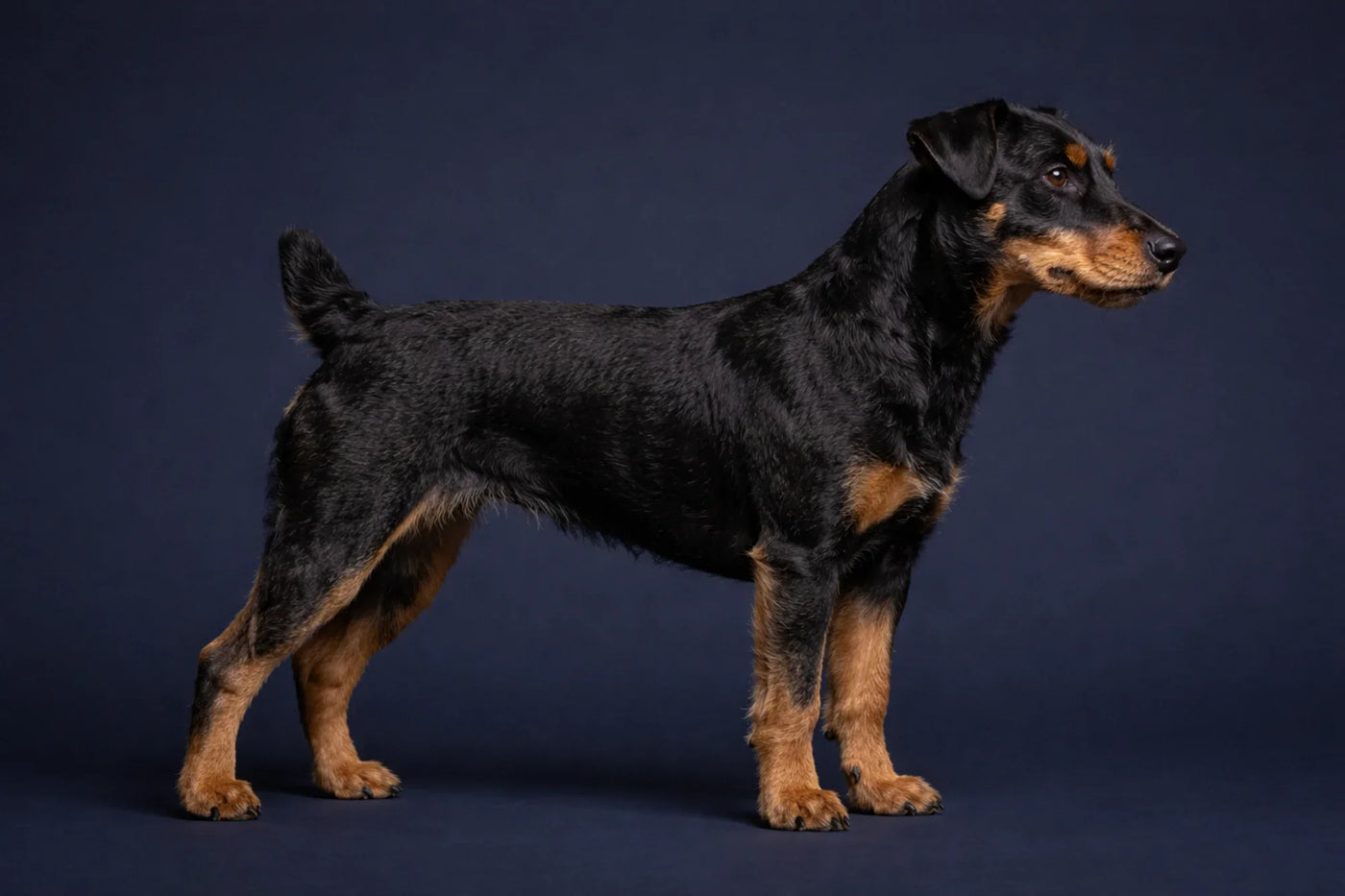 Jagdterrier side profile shot against a navy background