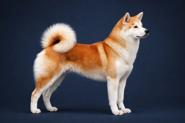 Japanese Akitainu side profile shot against a navy background