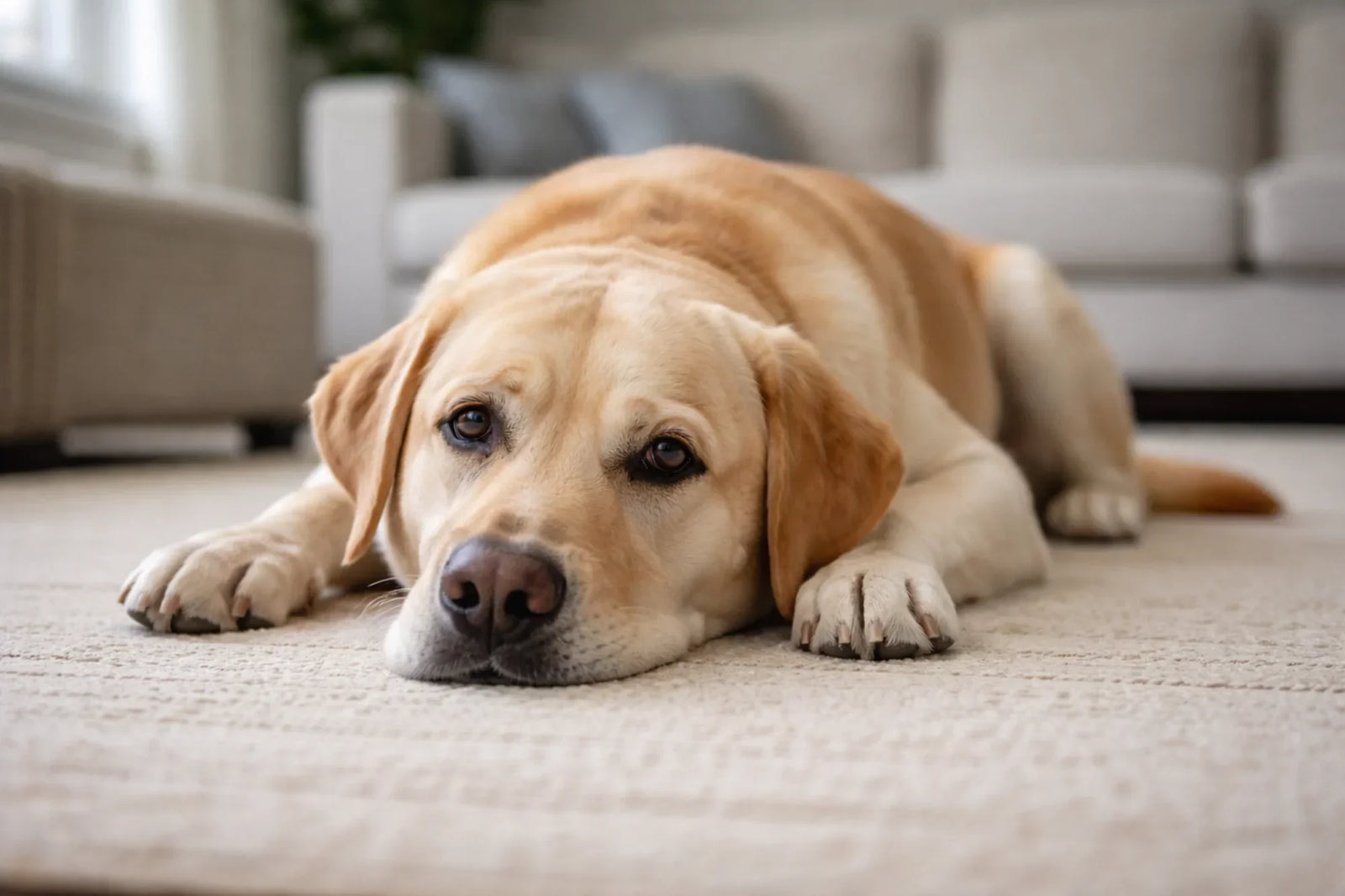 a lab is laying on all fours looking sad