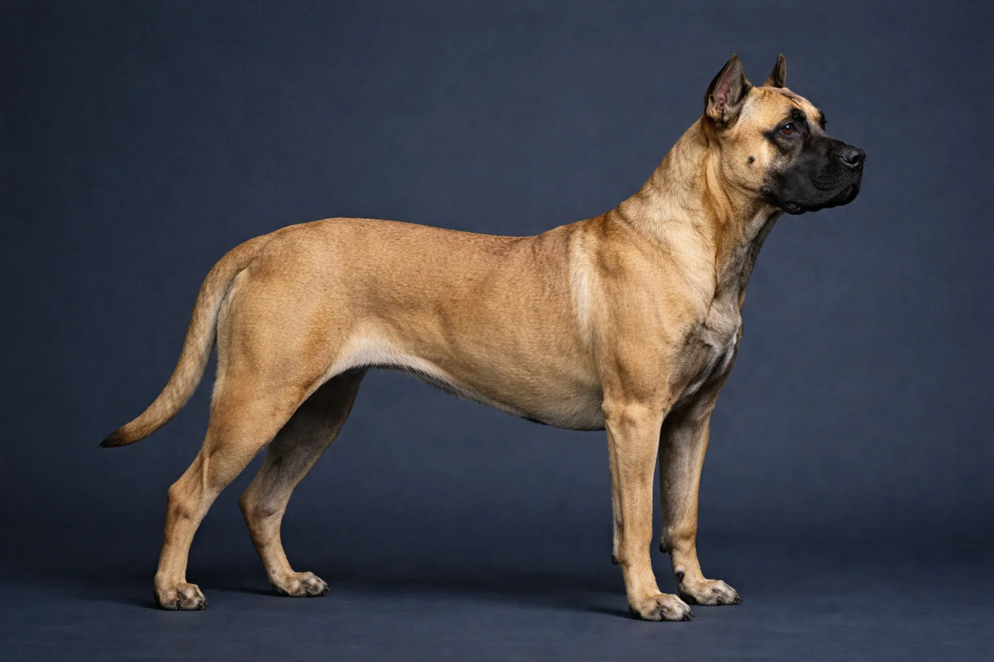 Presa Canario side profile shot against a navy background