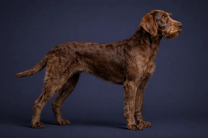 Pudelpointer side profile shot against a navy background