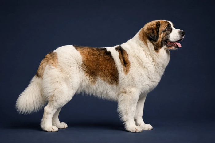 Pyrenean Mastiff side profile shot against a navy background