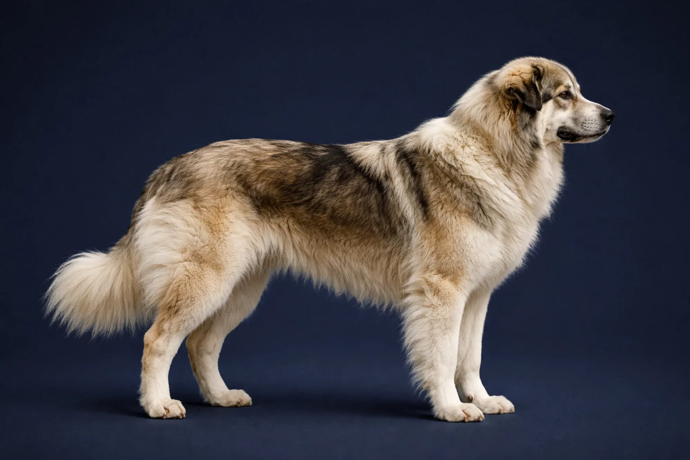 Romanian Carpathian Shepherd side profile shot against a navy background